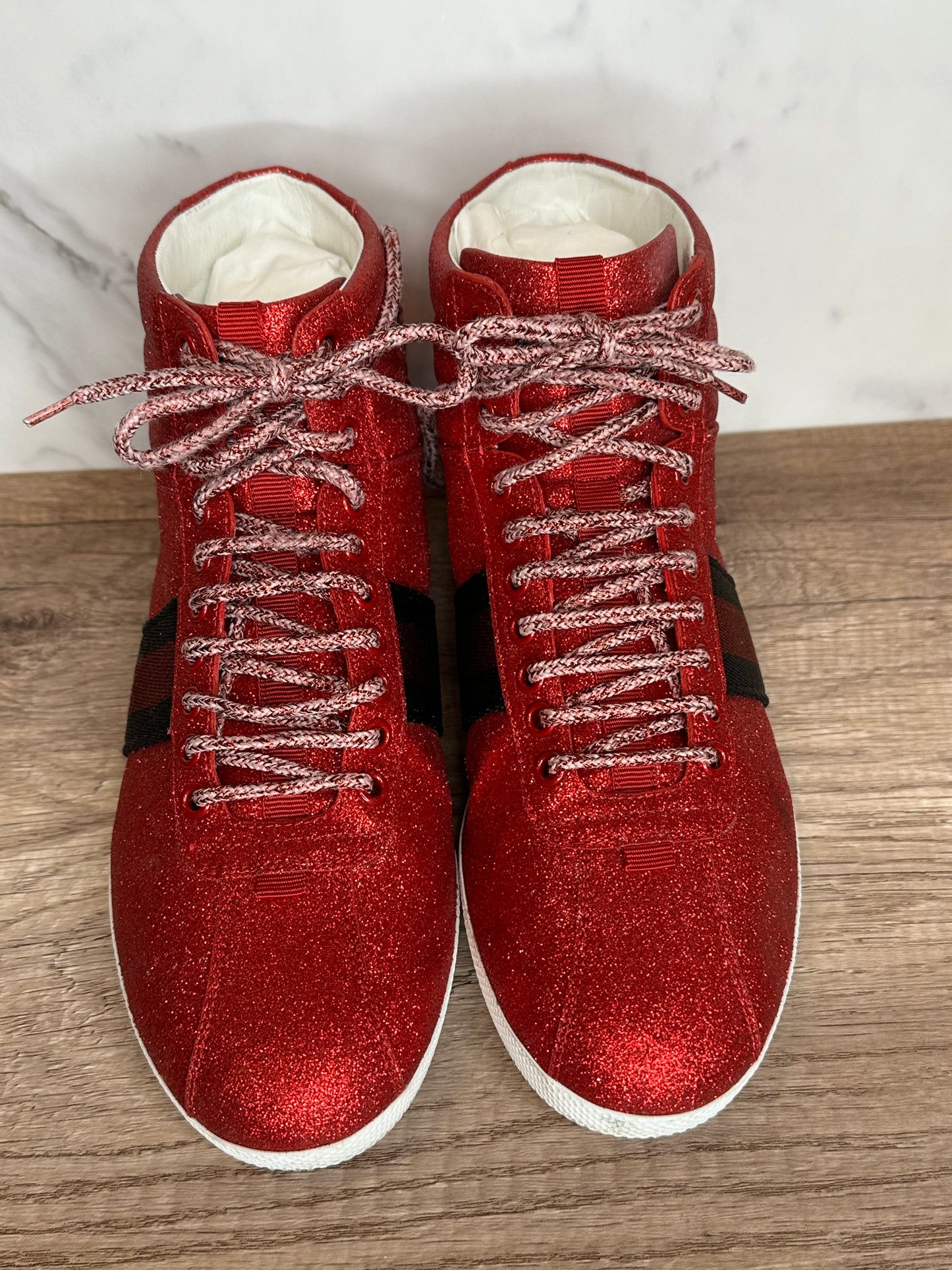 Gucci Ace Red Sparkle High Top Sneakers