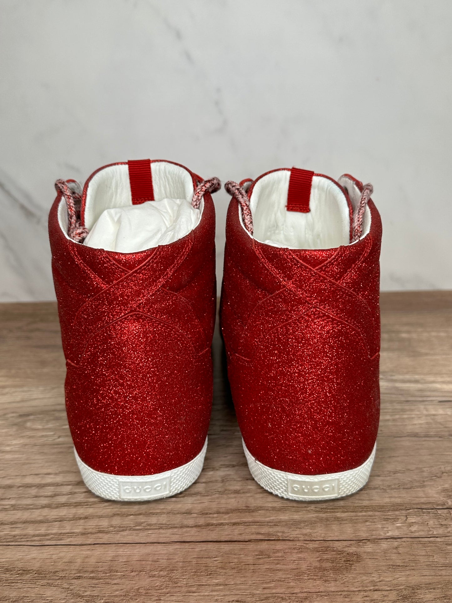 Gucci Ace Red Sparkle High Top Sneakers