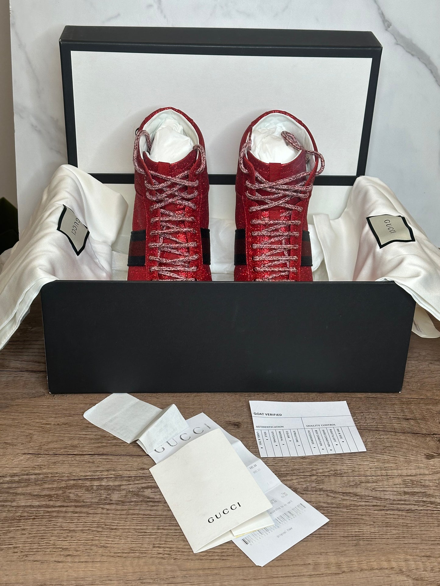 Gucci Ace Red Sparkle High Top Sneakers