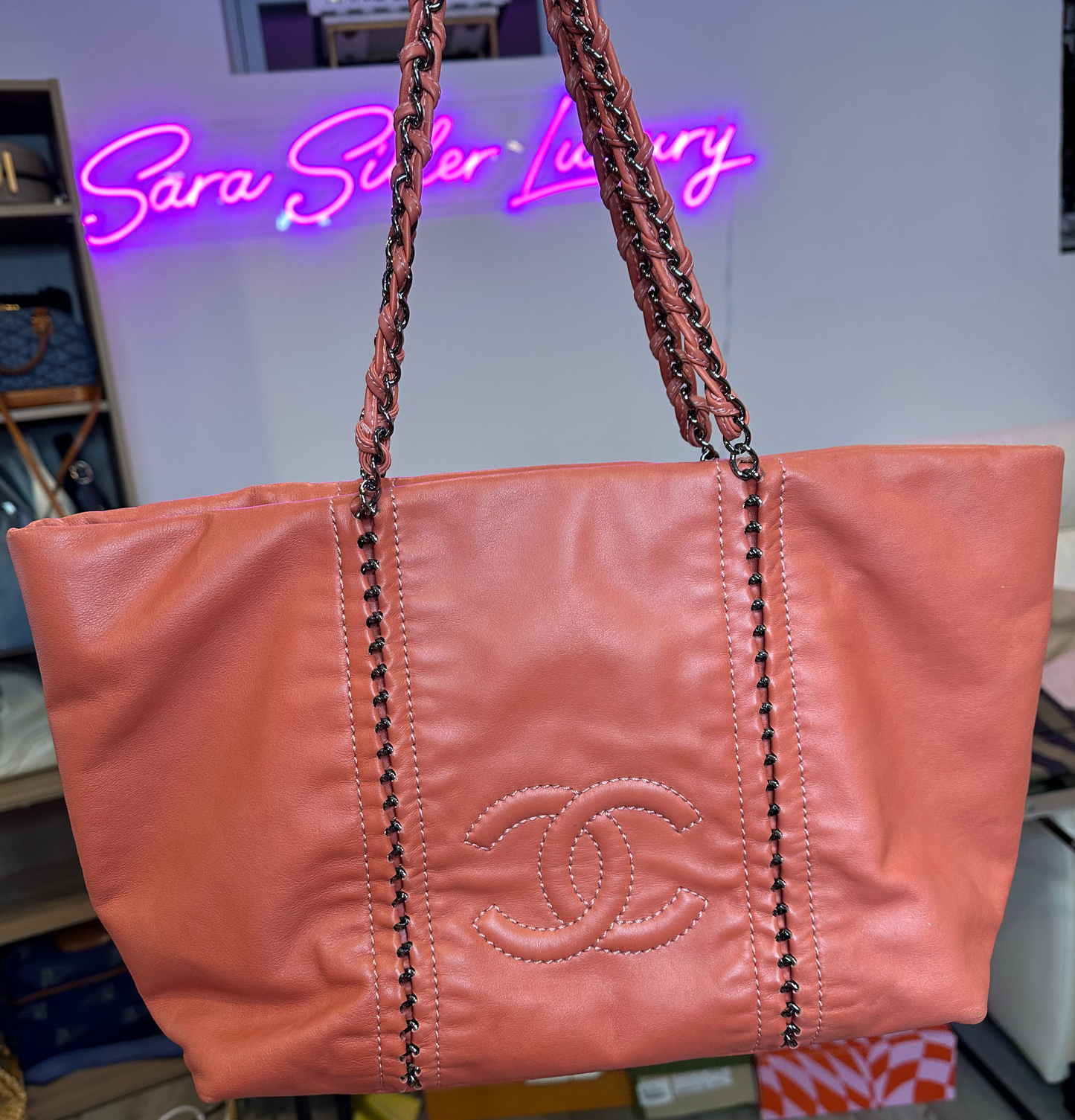 CHANEL Coral Labmskin Tote